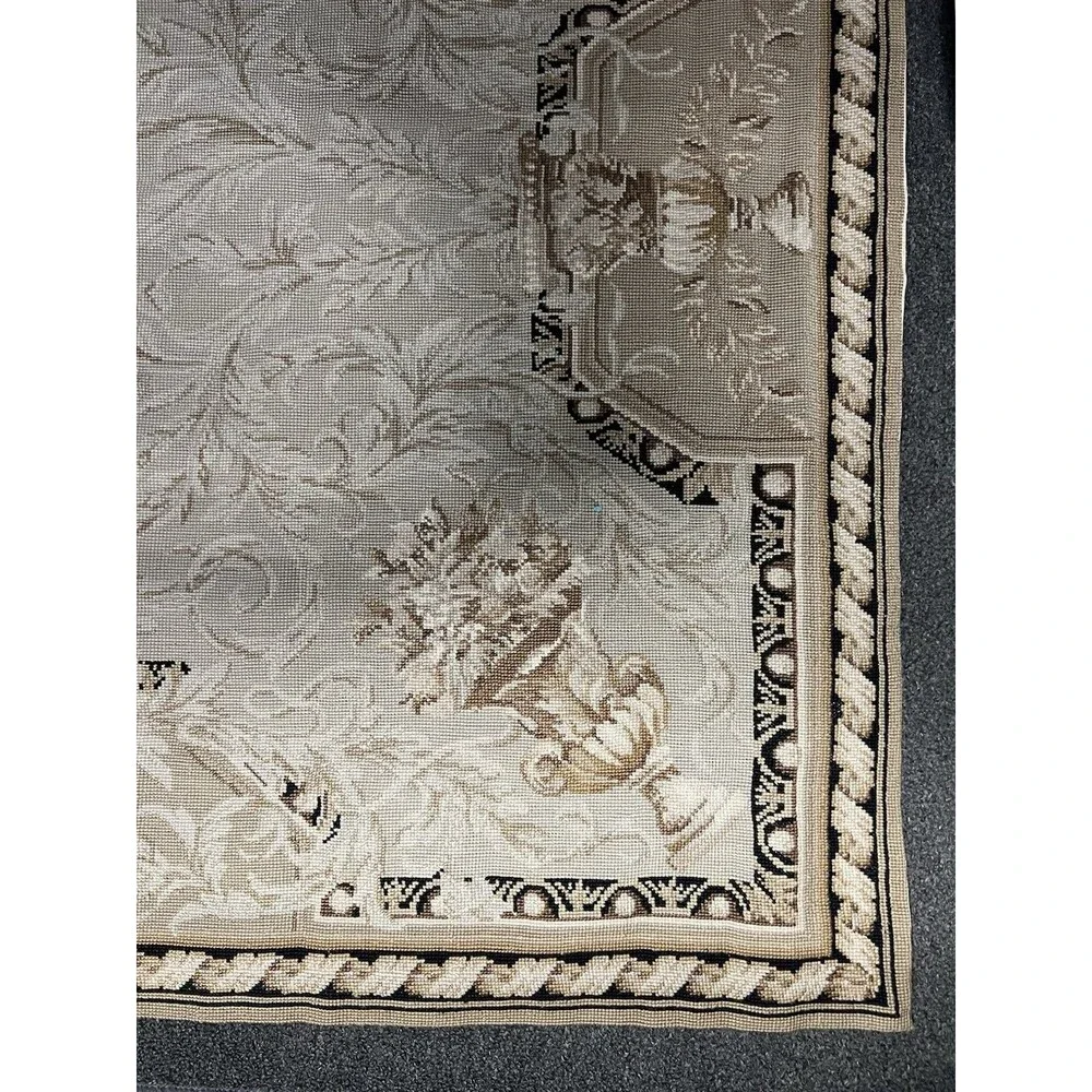 Vintage Needlepoint Tapestry Rug In The Style Of French Aubusson Nuetral 72x46”